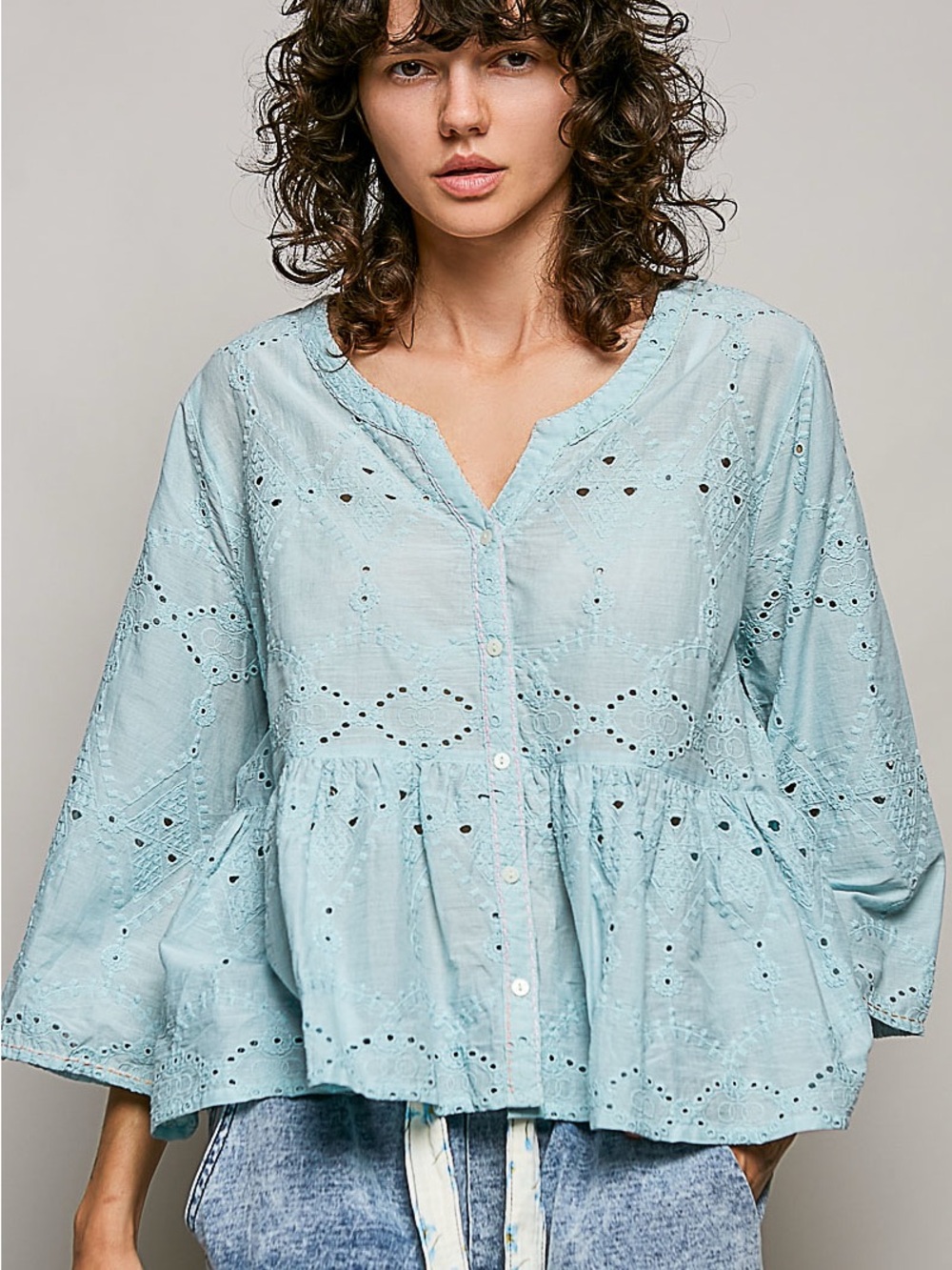 POL Eyelet Embroidery Peplum Button Front Cotton Shirt